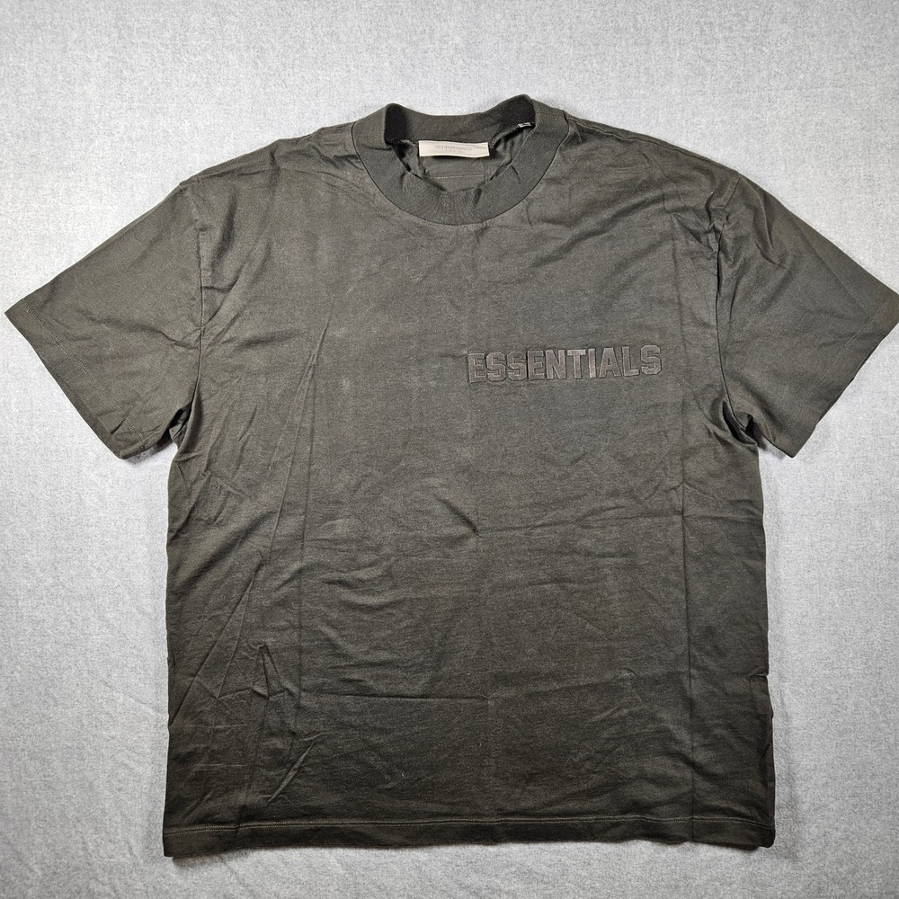 Fear of God Essentials T-Shirt Green Grey Flocked Logo Boxy Fit Mens L